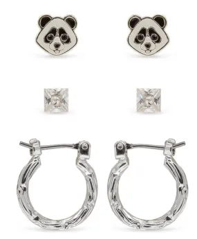 Ear Sense Earring FT-332 Panda, Silver Ball Stud and Silver Hoop Trio