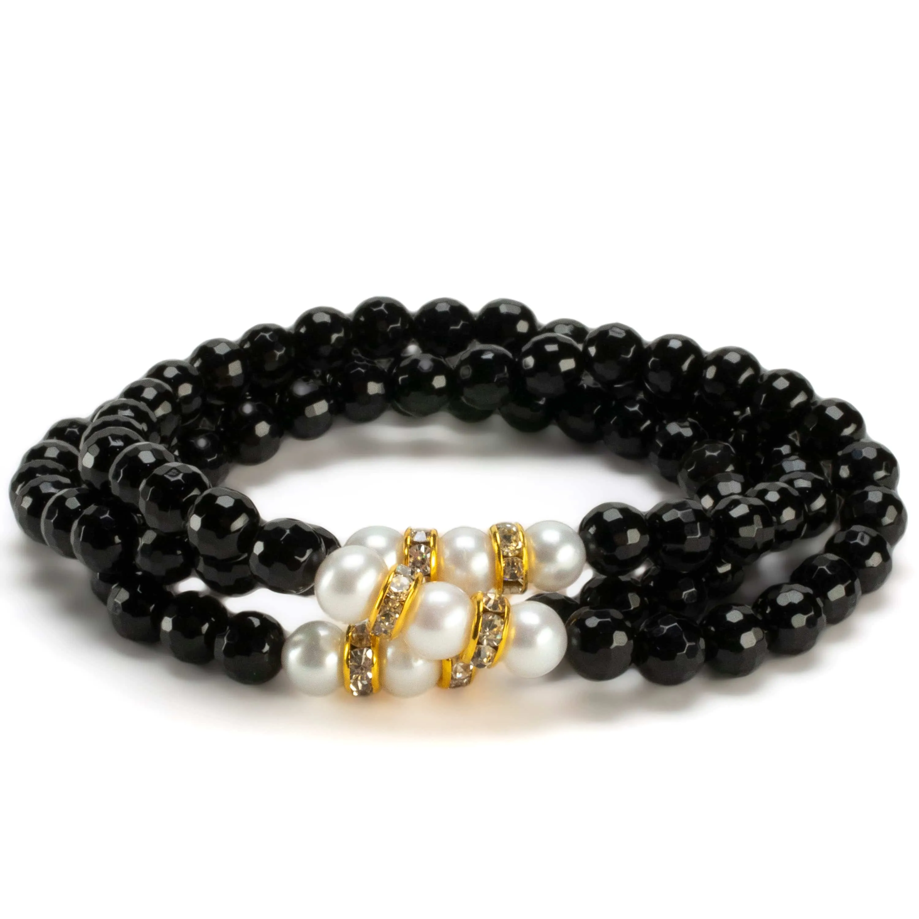 Faceted Black Agate 6mm Beads with Pearl & Gold Accent Beads Triple Wrap Elastic Gemstone Bracelet