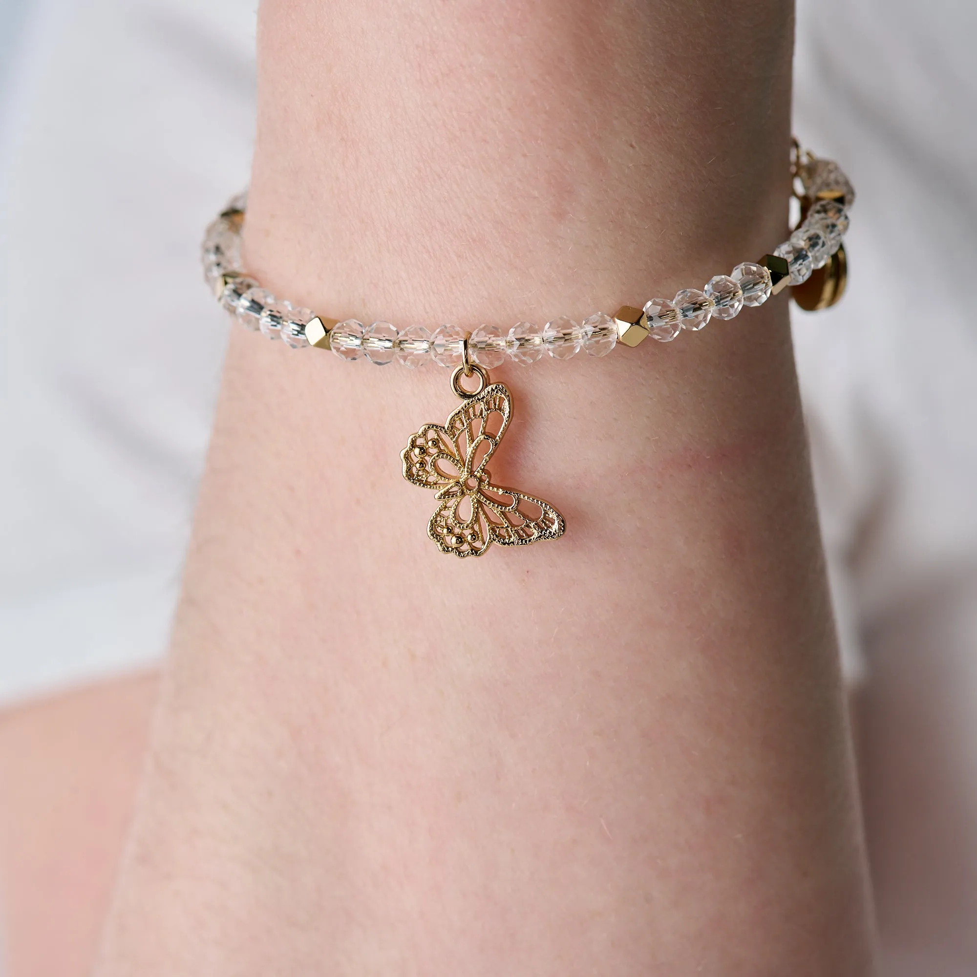 Filigree Butterfly   Crystal Beaded Charm Bangle