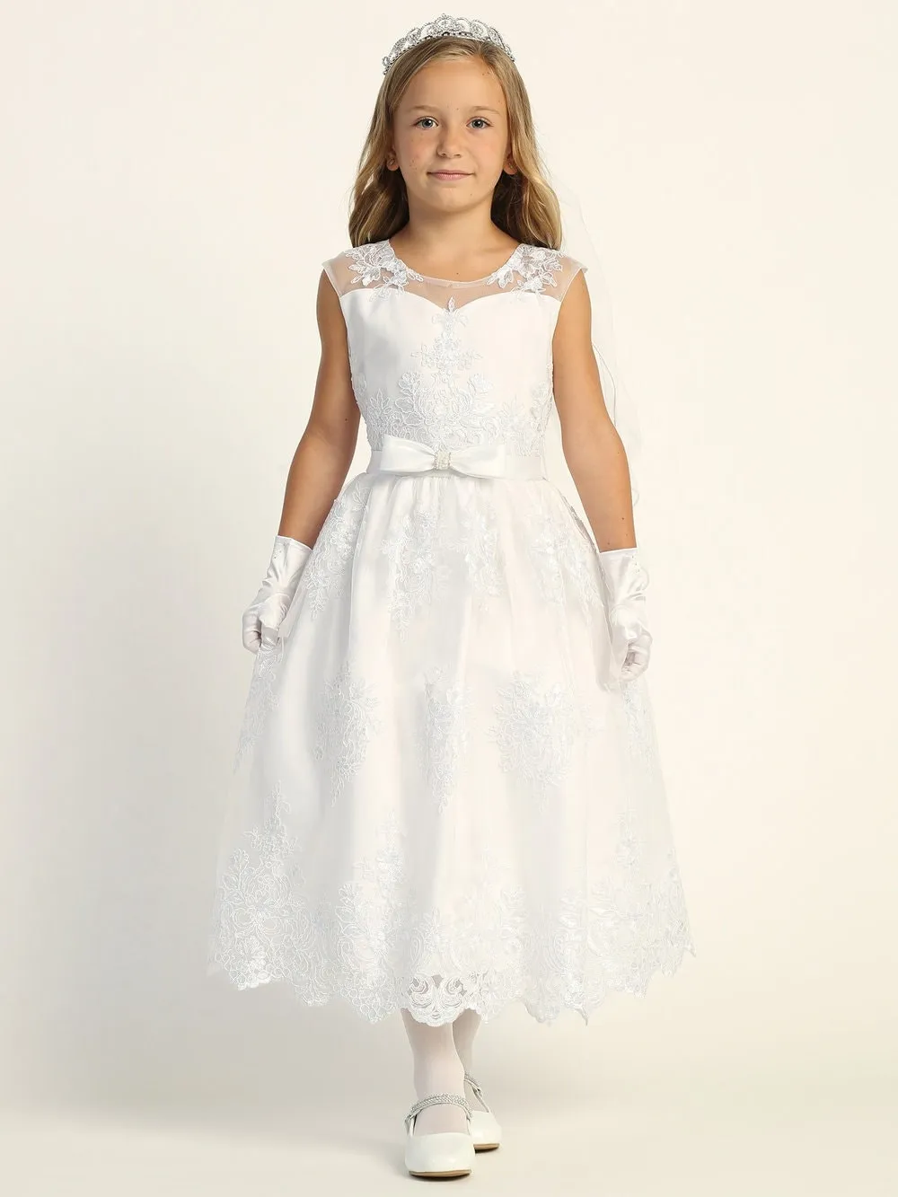 Girls White First Communion Dress w/ Corded Tulle & Sequins (203)