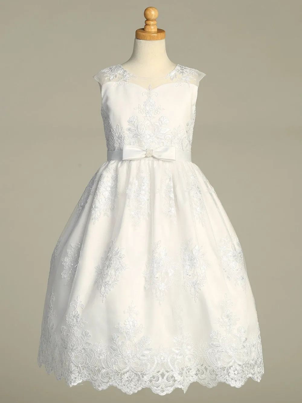 Girls White First Communion Dress w/ Corded Tulle & Sequins (203)