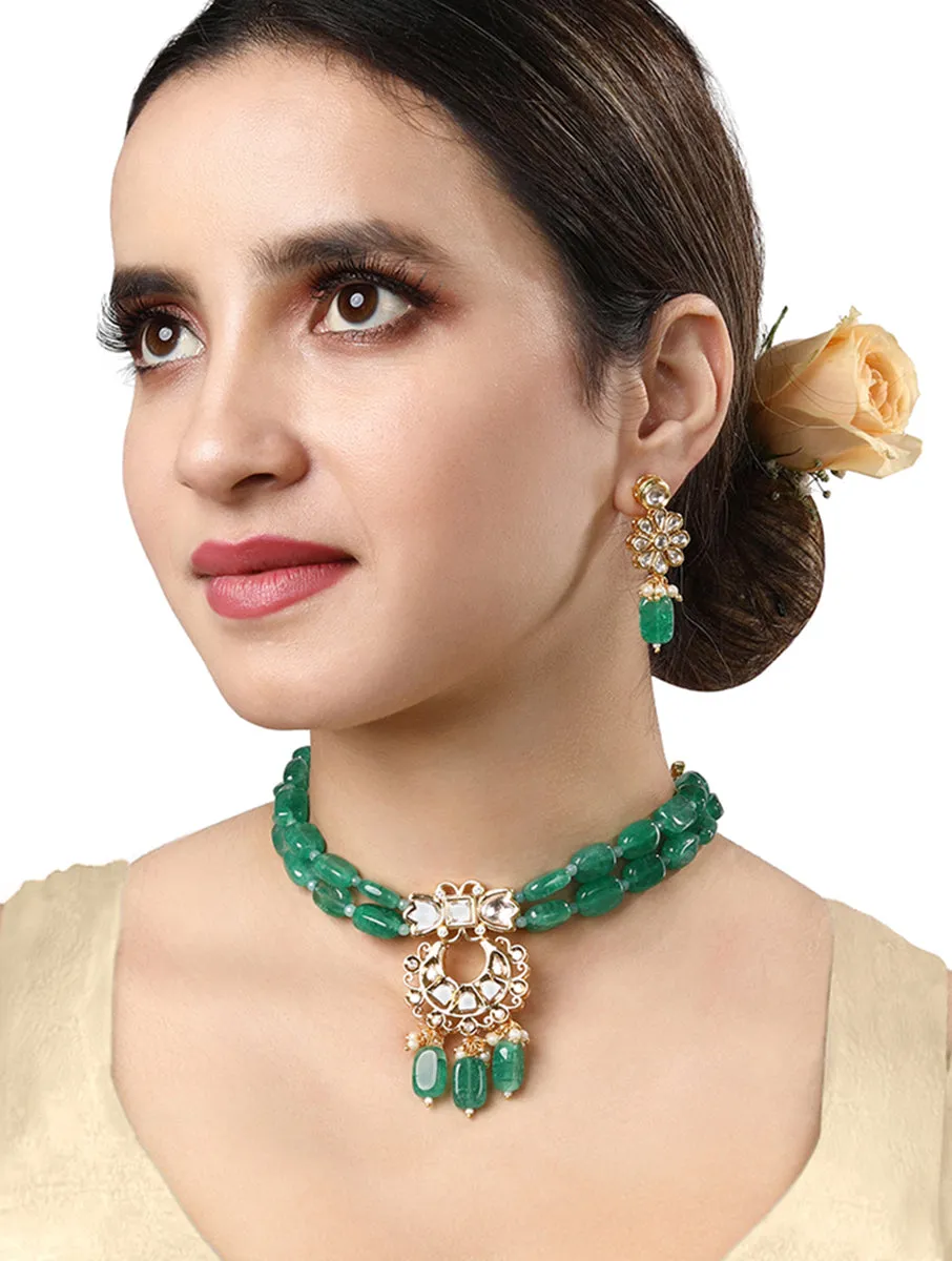 Gold Plated Kundan Necklace with Onyx and Agate