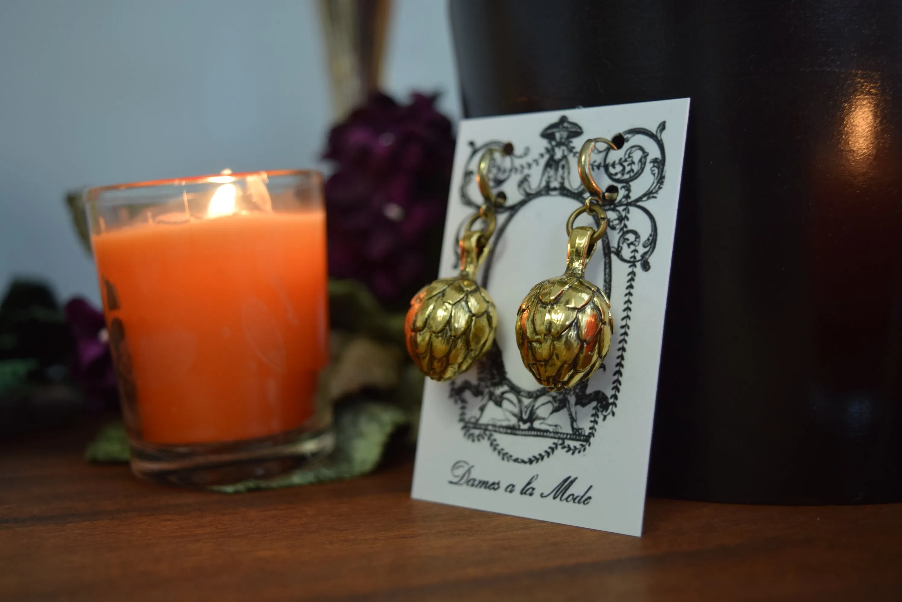 Golden Textured Dangle Earrings - Pinecone