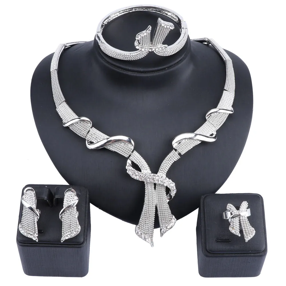 Gold/Silver-Plated Tie Crystal Necklace, Bracelet, Earrings & Ring Wedding Statement Jewelry Set