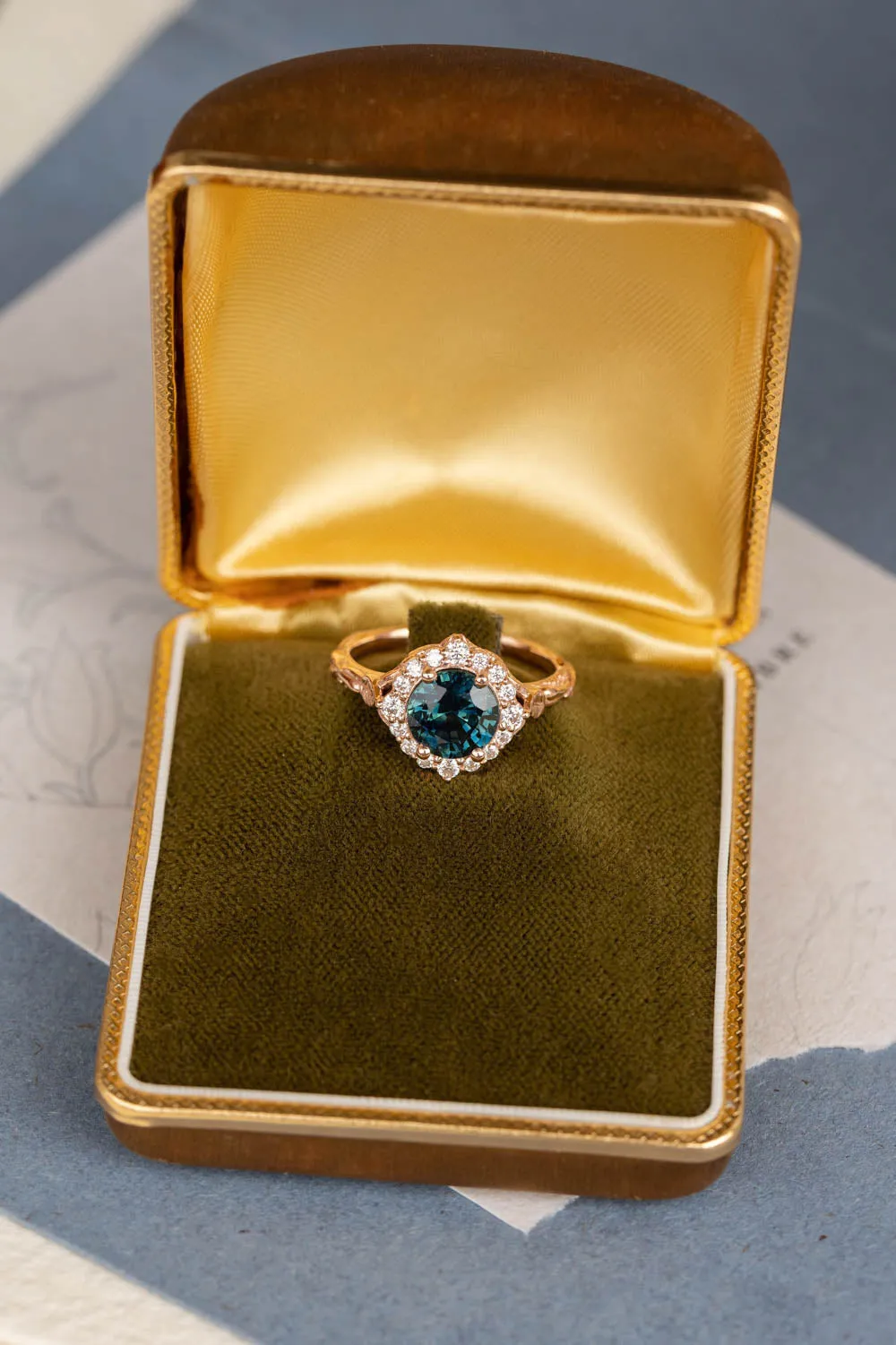 Gorgeous teal sapphire engagement ring with diamond halo, nature inspired gold ring with 2.3 carat sapphire and diamonds / Florentina