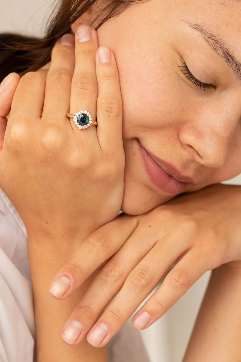 Gorgeous teal sapphire engagement ring with diamond halo, nature inspired gold ring with 2.3 carat sapphire and diamonds / Florentina