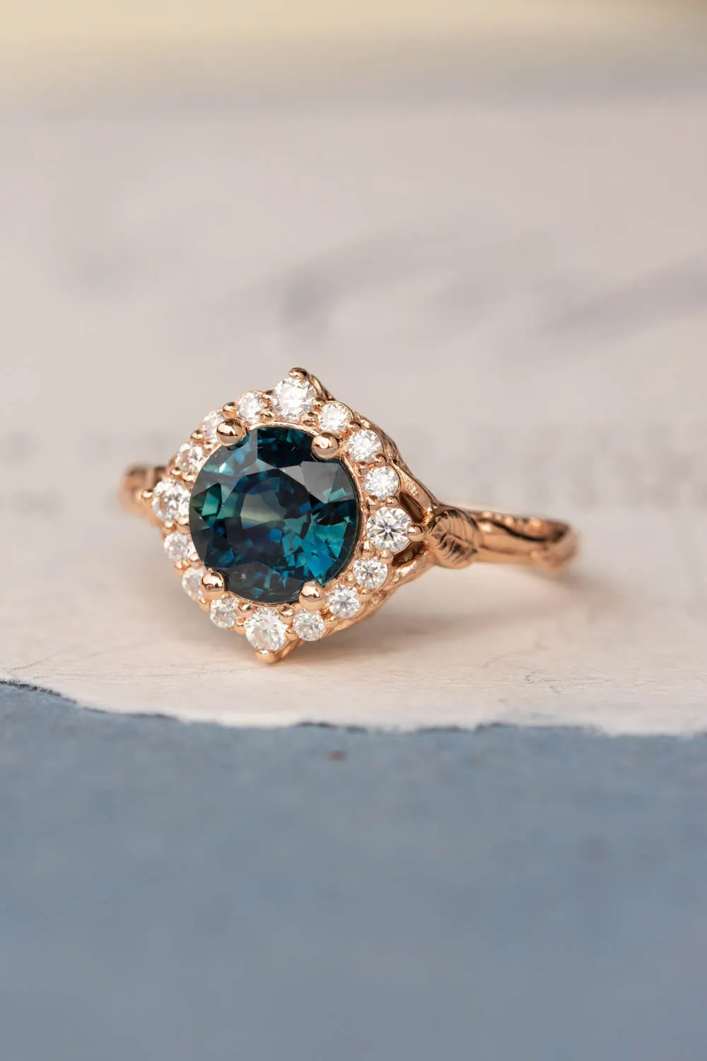 Gorgeous teal sapphire engagement ring with diamond halo, nature inspired gold ring with 2.3 carat sapphire and diamonds / Florentina