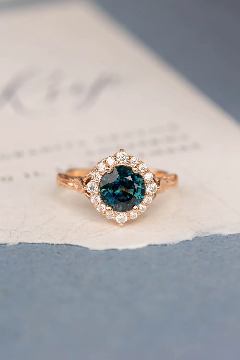 Gorgeous teal sapphire engagement ring with diamond halo, nature inspired gold ring with 2.3 carat sapphire and diamonds / Florentina