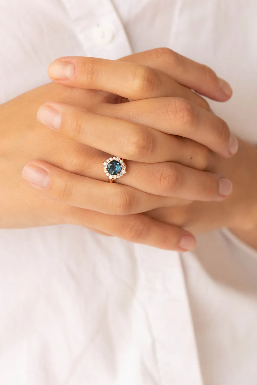 Gorgeous teal sapphire engagement ring with diamond halo, nature inspired gold ring with 2.3 carat sapphire and diamonds / Florentina