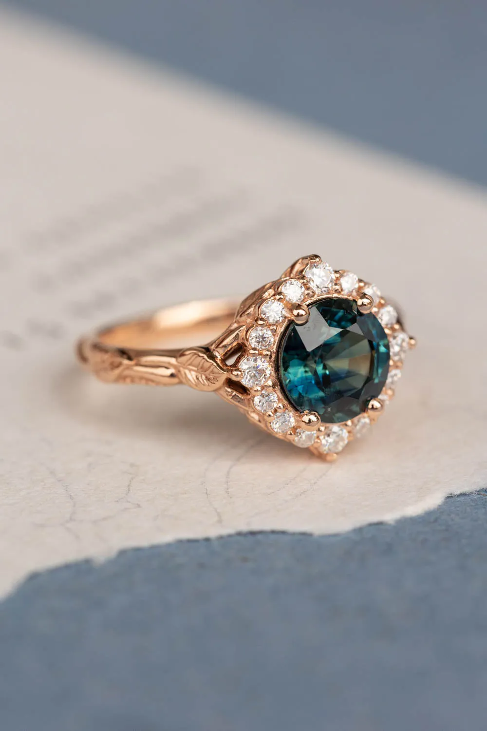 Gorgeous teal sapphire engagement ring with diamond halo, nature inspired gold ring with 2.3 carat sapphire and diamonds / Florentina