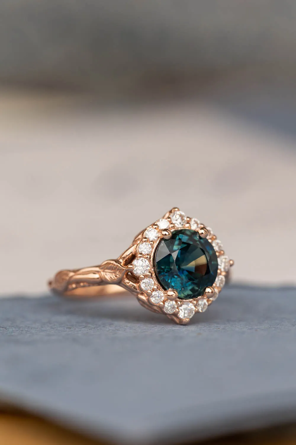 Gorgeous teal sapphire engagement ring with diamond halo, nature inspired gold ring with 2.3 carat sapphire and diamonds / Florentina