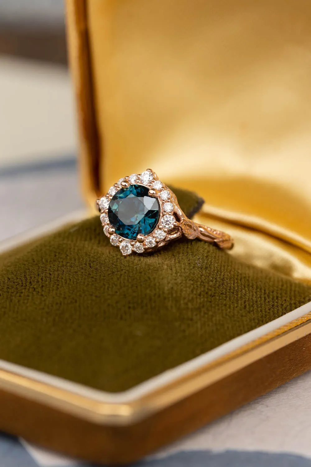 Gorgeous teal sapphire engagement ring with diamond halo, nature inspired gold ring with 2.3 carat sapphire and diamonds / Florentina