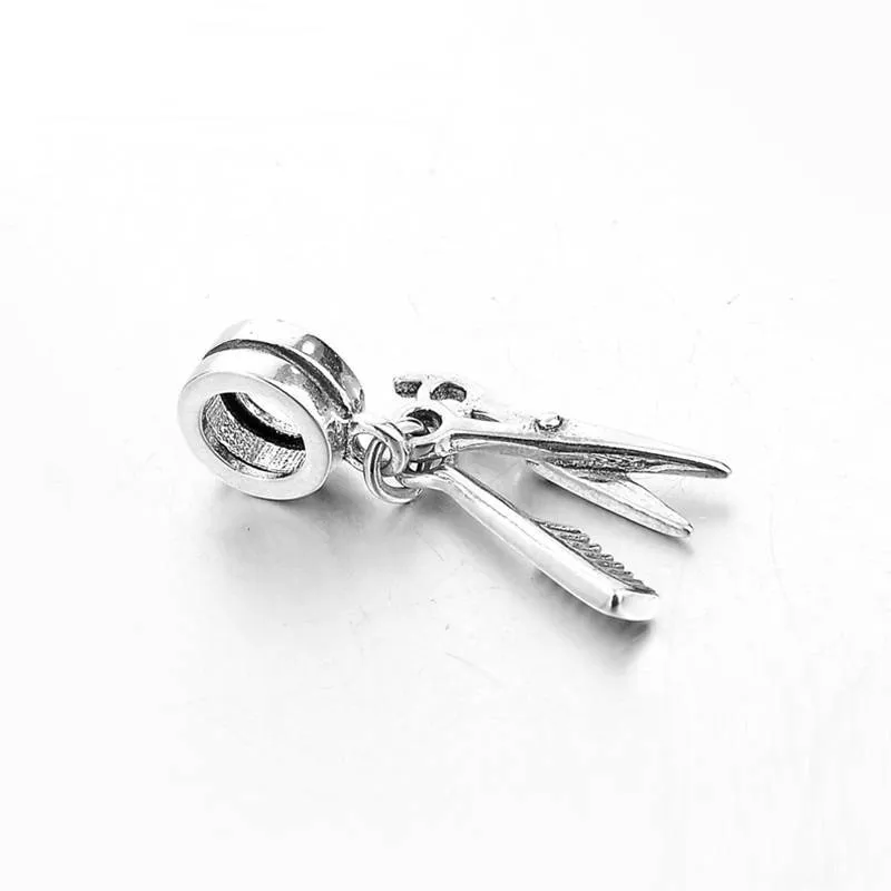 Hairdresser Scissors & Comb Dangle Charm 925 Sterling Silver