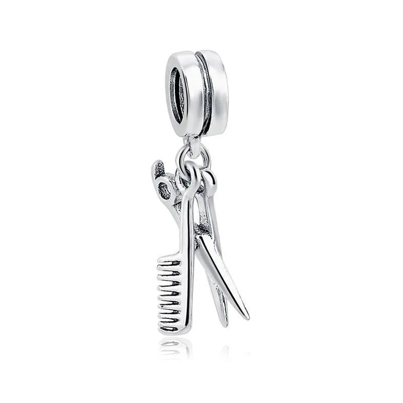 Hairdresser Scissors & Comb Dangle Charm 925 Sterling Silver