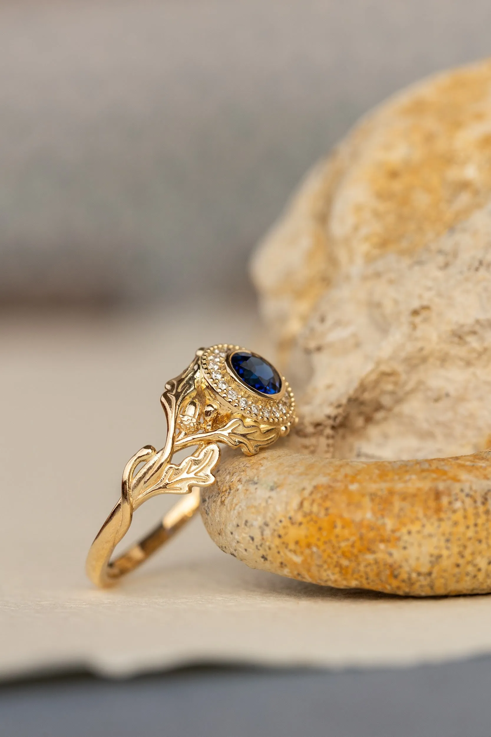 Halo diamond and lab blue sapphire engagement ring, celtic ring with oak leaves and diamonds / Dair