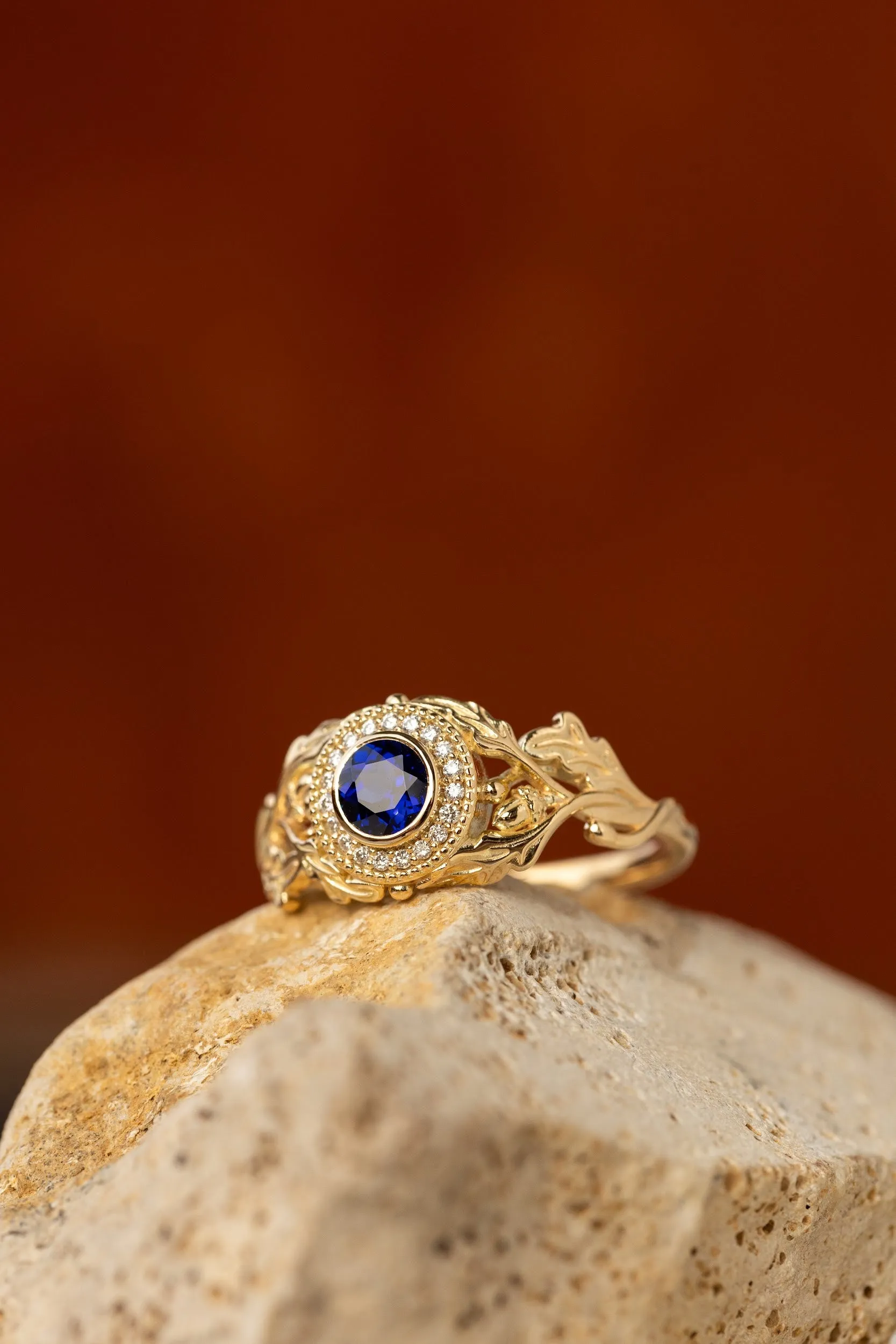 Halo diamond and lab blue sapphire engagement ring, celtic ring with oak leaves and diamonds / Dair