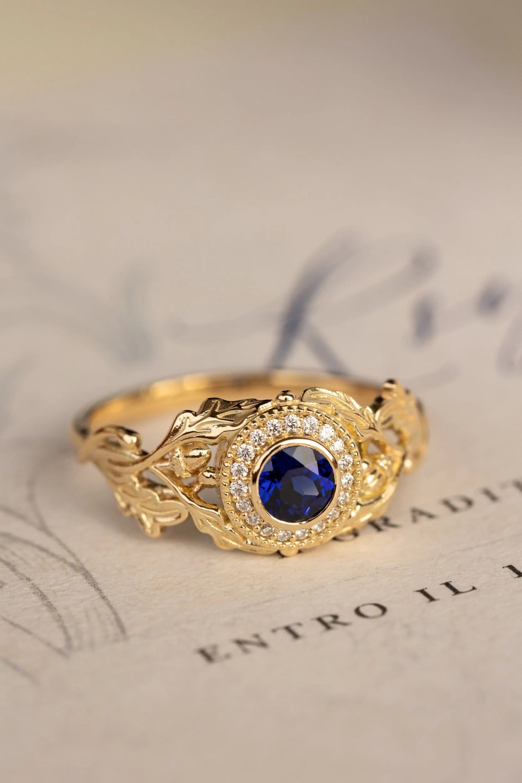 Halo diamond and lab blue sapphire engagement ring, celtic ring with oak leaves and diamonds / Dair