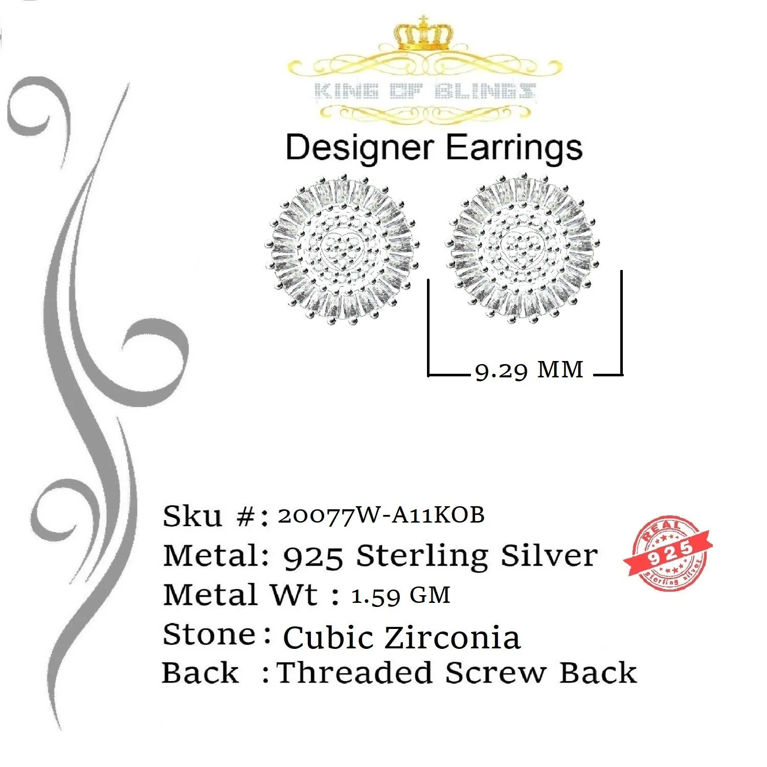 King of Blings- White 925 Sterling Silver 0.24ct Cubic Zirconia For Women & Men Round Earrings