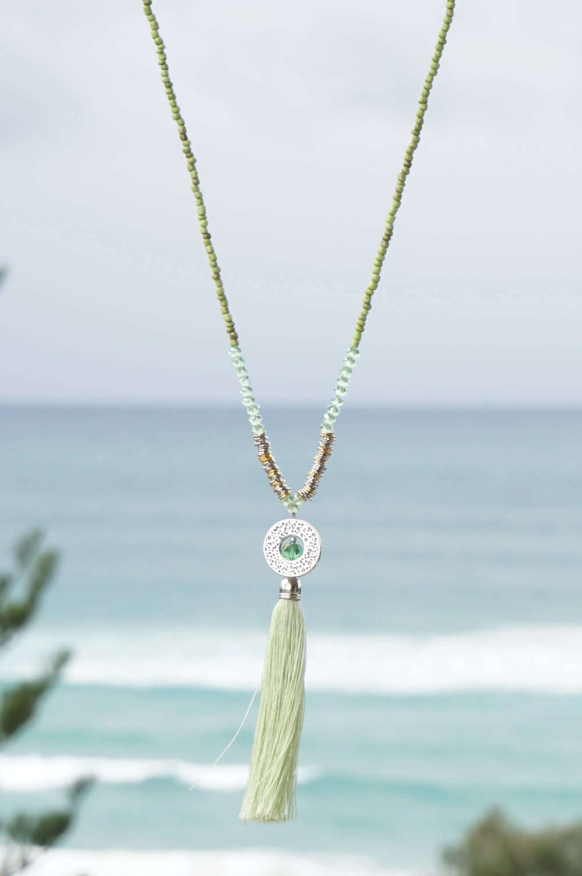 Lime Circle Pendant Tassel Necklace