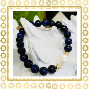 Luxury Baroque Pearl Gratitude Bracelet 14K Gold Filled in Deep Blue Tigers Eye Harmony Balance Strength