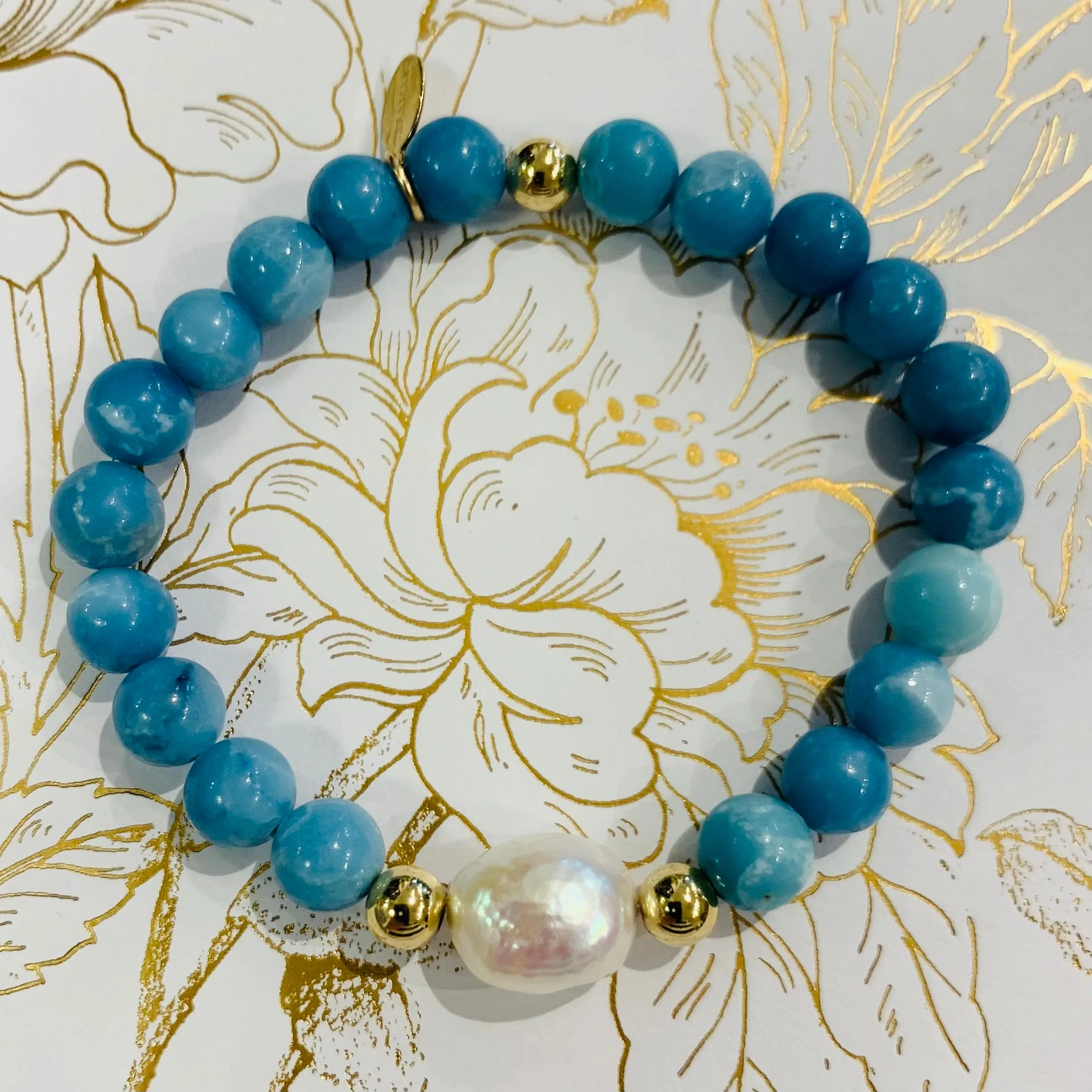 Luxury Baroque Pearl Gratitude Bracelet 14K Gold Filled in Sky Blue Larimar Quartz Peace  Love  Enlightenment