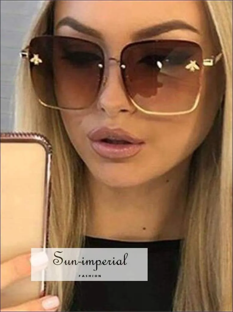 Luxury Square Bee Sunglasses Women Vintage Metal Frame Oversized Sun Glasses Female Grandient Shades