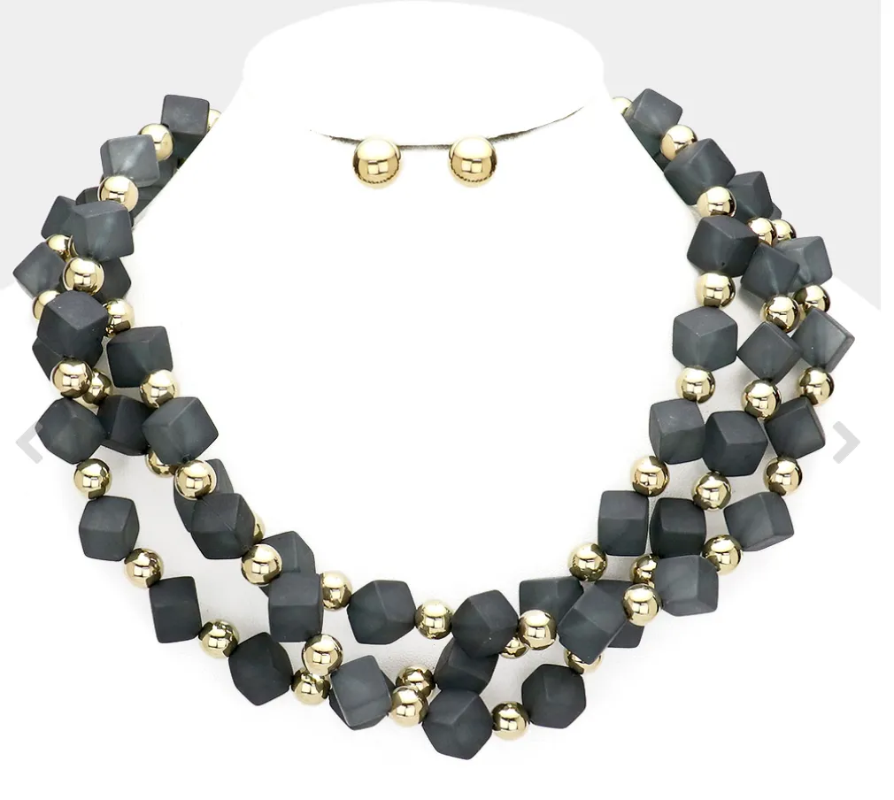 Metal Ball Cube Beaded Triple Layered Necklace