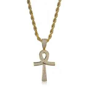 Metallic Ankh Pendant with Cubic Zirconia Crystals and Chain Necklace