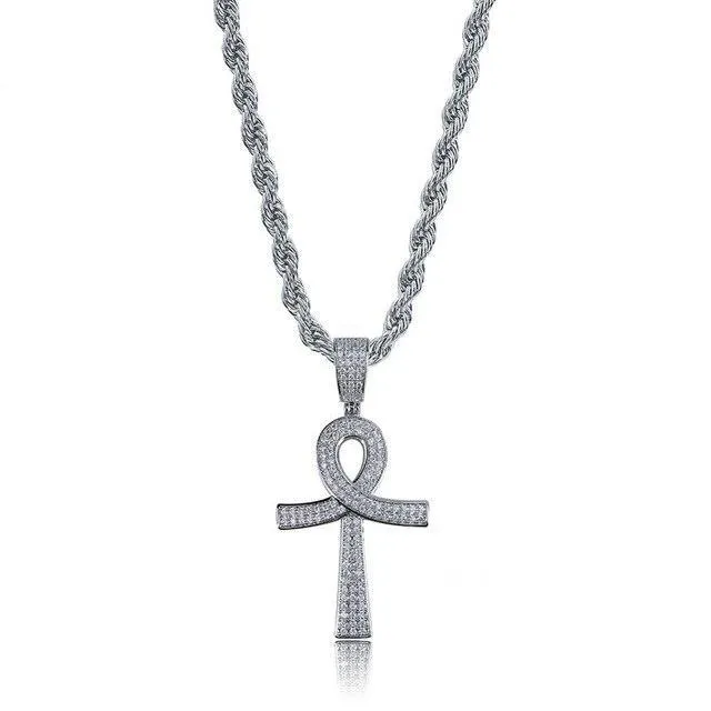 Metallic Ankh Pendant with Cubic Zirconia Crystals and Chain Necklace