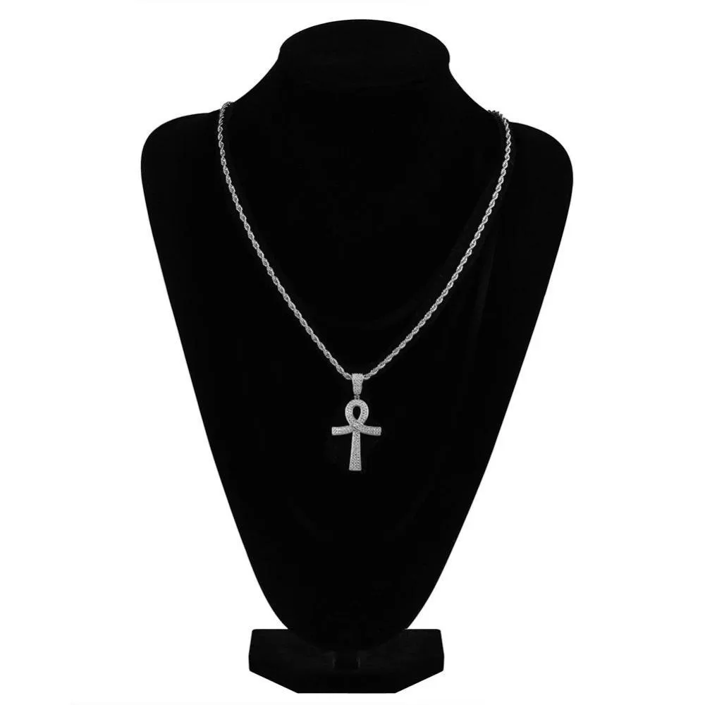 Metallic Ankh Pendant with Cubic Zirconia Crystals and Chain Necklace