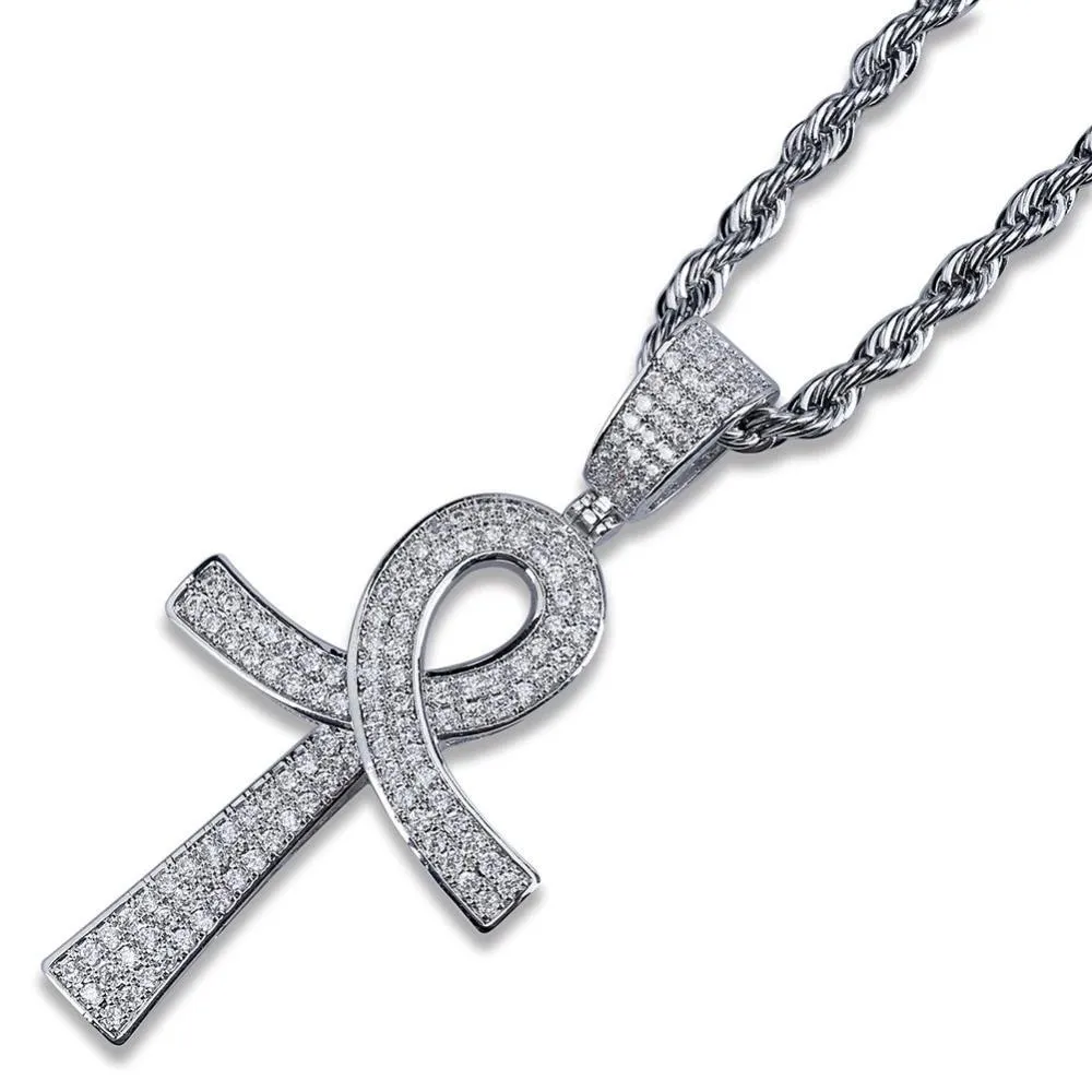 Metallic Ankh Pendant with Cubic Zirconia Crystals and Chain Necklace