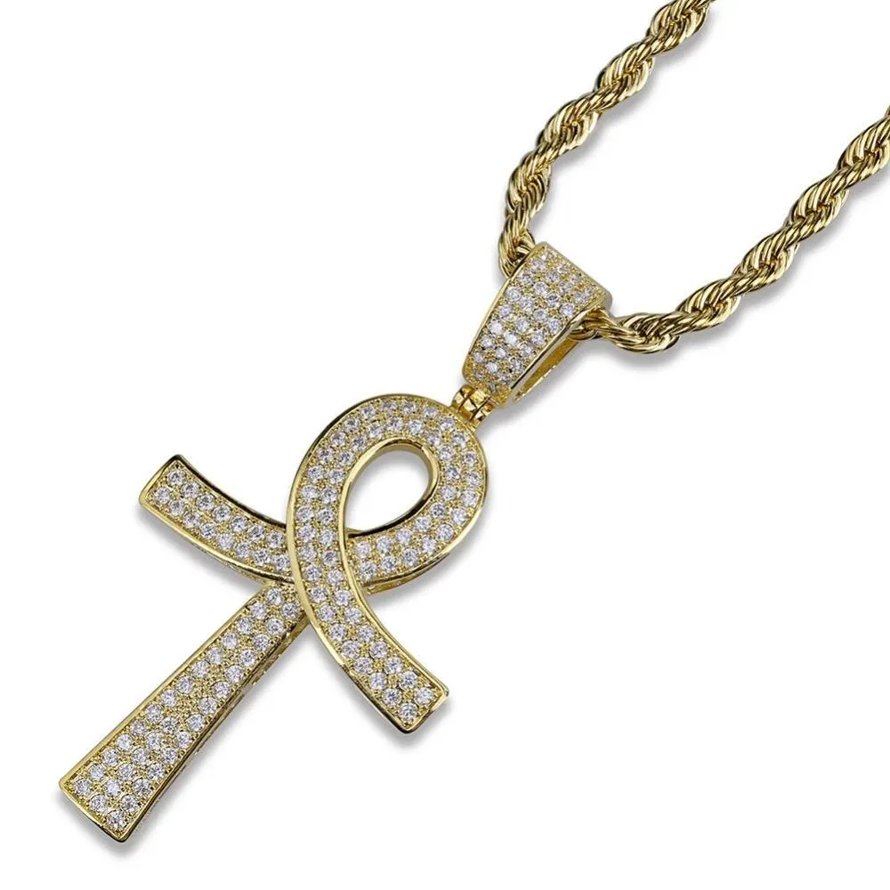 Metallic Ankh Pendant with Cubic Zirconia Crystals and Chain Necklace