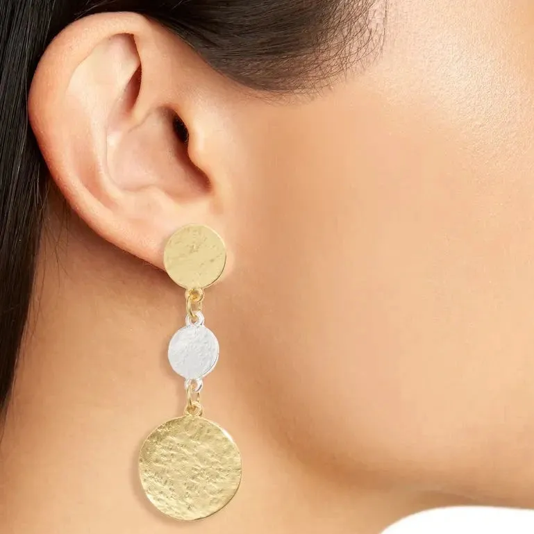 Mixed metal coin linear drop earrings