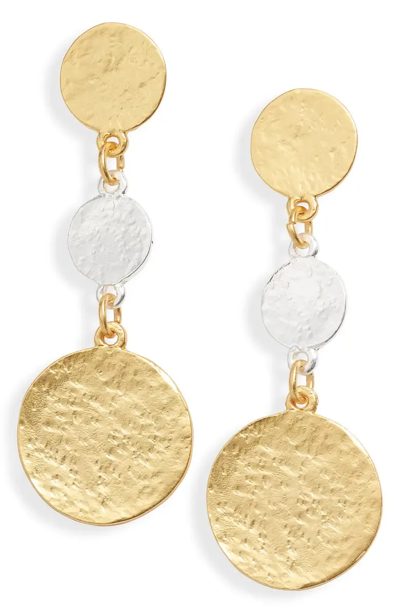 Mixed metal coin linear drop earrings