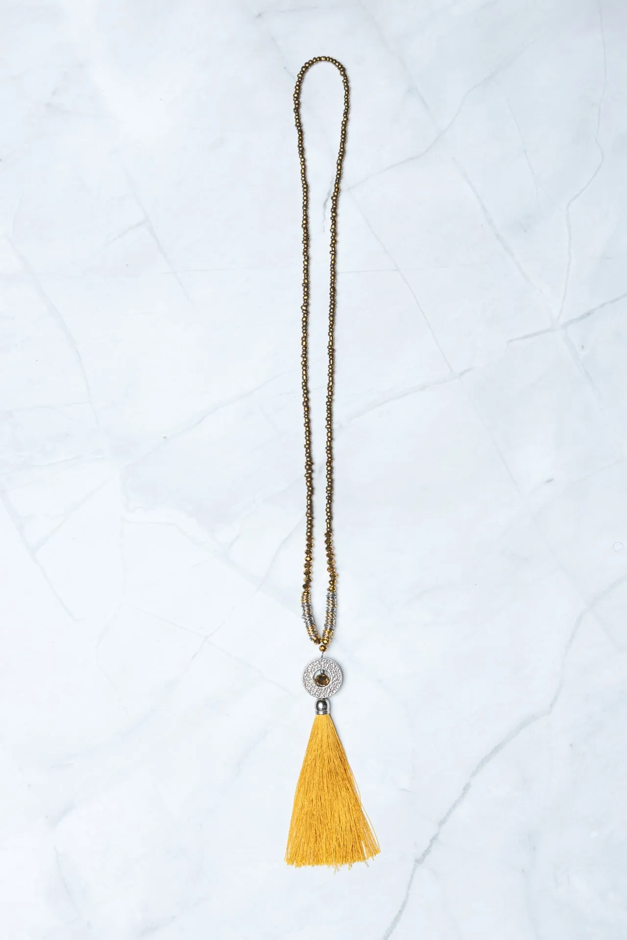 Mustard Circle Pendant Tassel Necklace