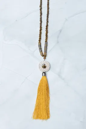 Mustard Circle Pendant Tassel Necklace