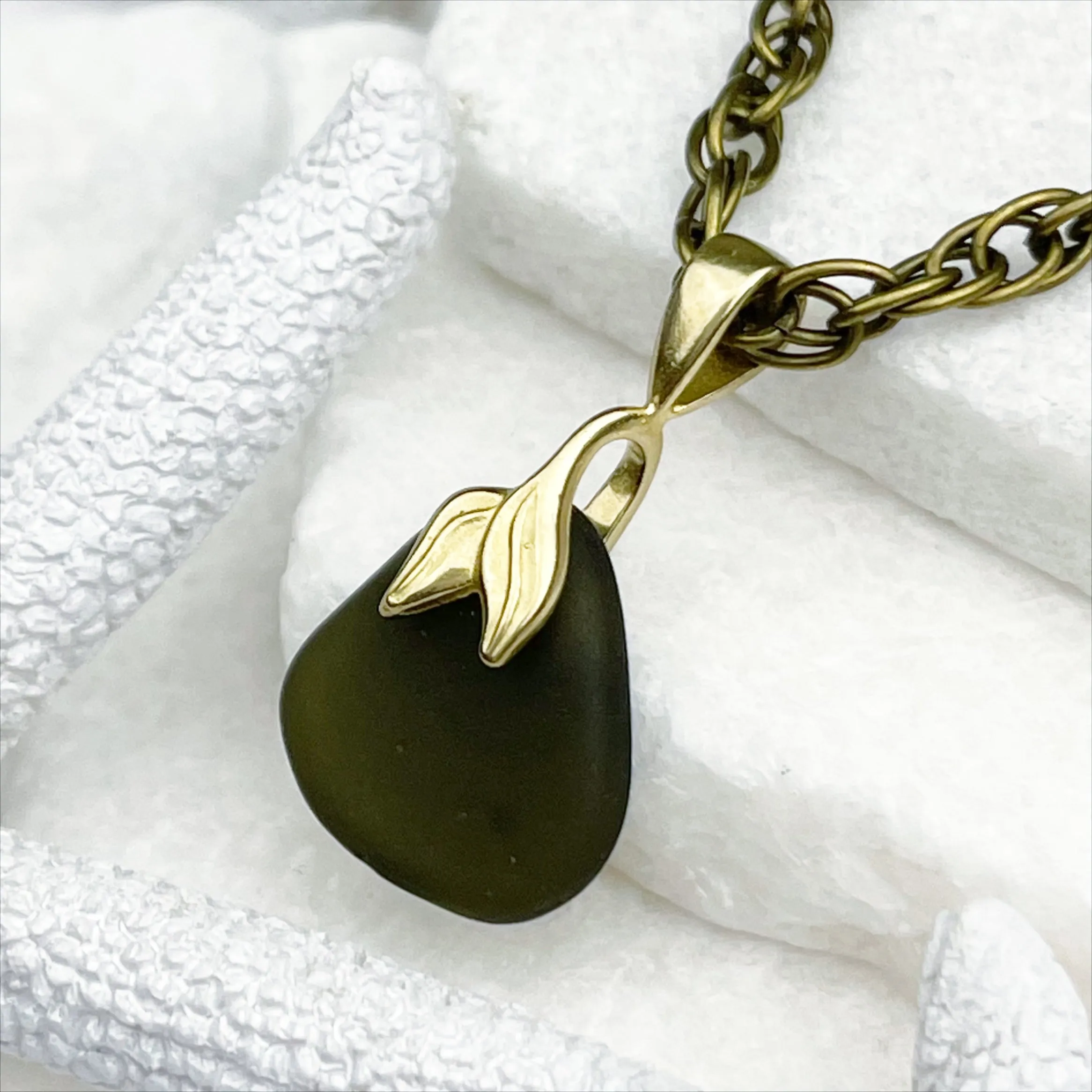 Olive Wine Bottle Sea Glass Pendant with Bronze Mermaid Bail | #5061