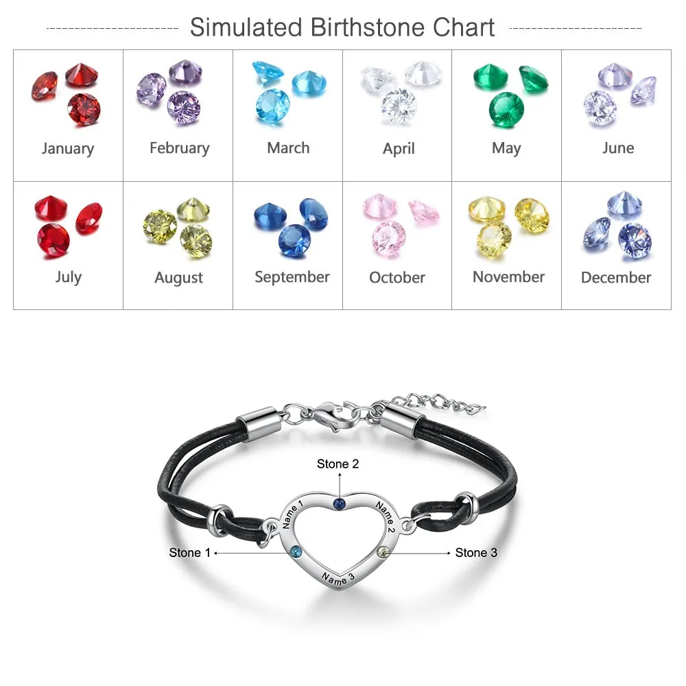 Personalized 3 Stones And 3 Names Heart-Shaped Bracelet