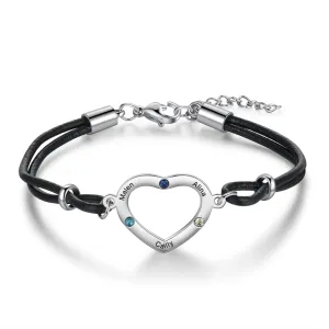 Personalized 3 Stones And 3 Names Heart-Shaped Bracelet