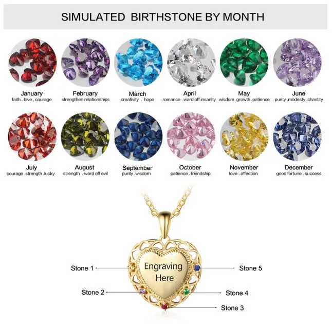 Personalized 5 Birthstone Mother's Necklace Engraved Heart Pendant