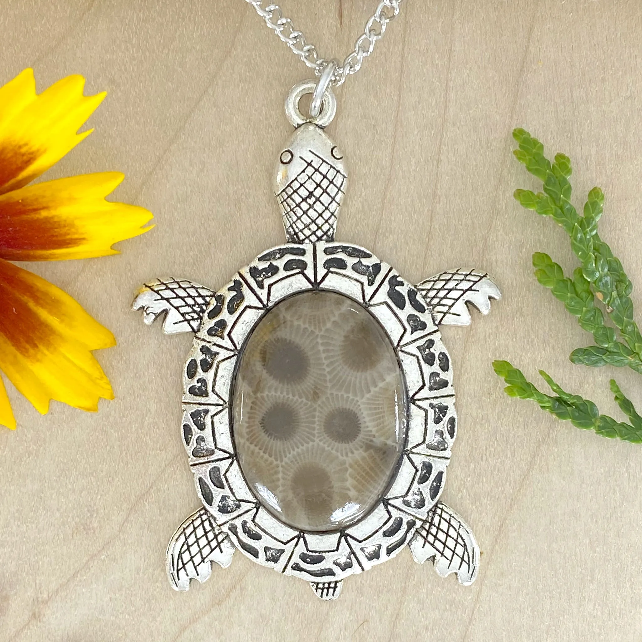 Petoskey Stone Turtle Pendant Necklace