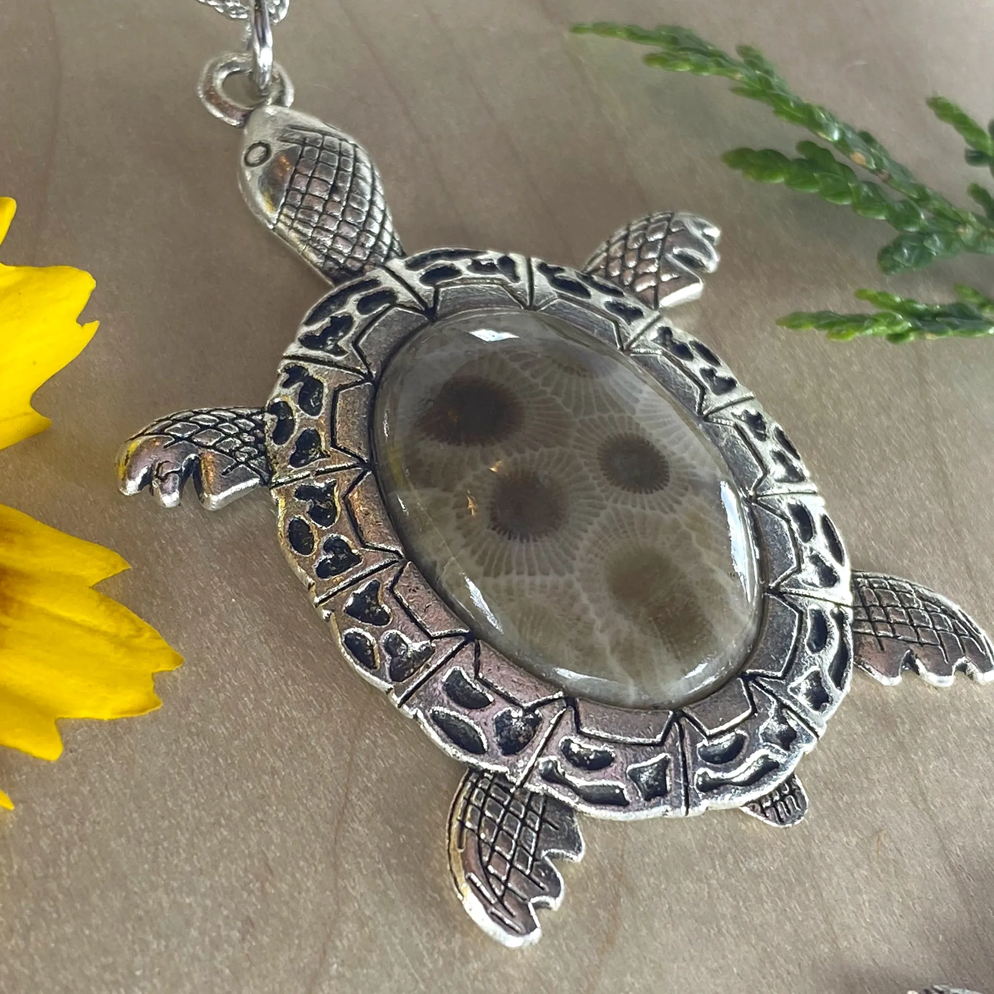 Petoskey Stone Turtle Pendant Necklace