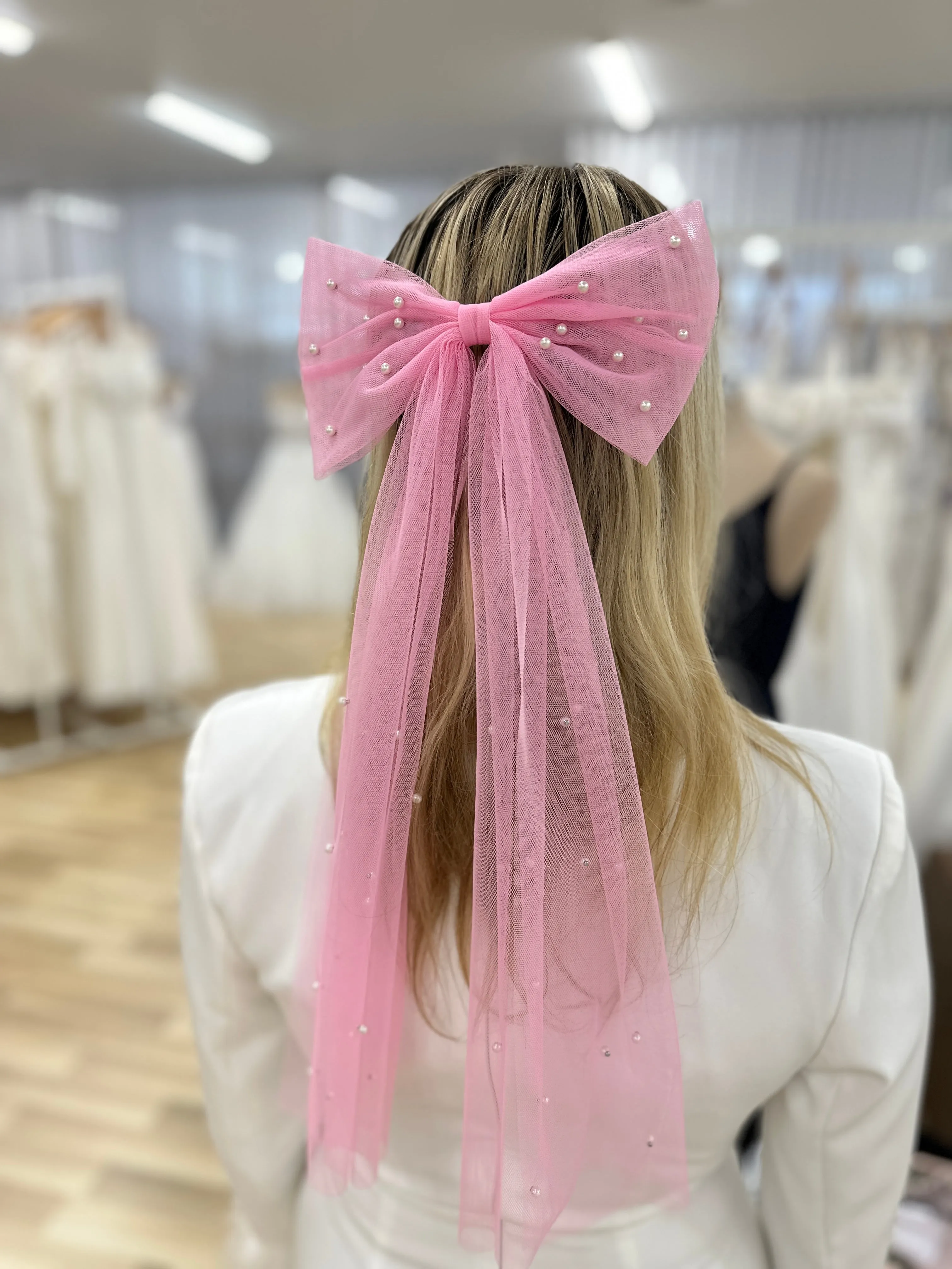 Pink Tulle And Pearl Bow Hair Clip