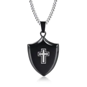 Polished Black Shield of Faith Cross Pendant and Silver Necklace