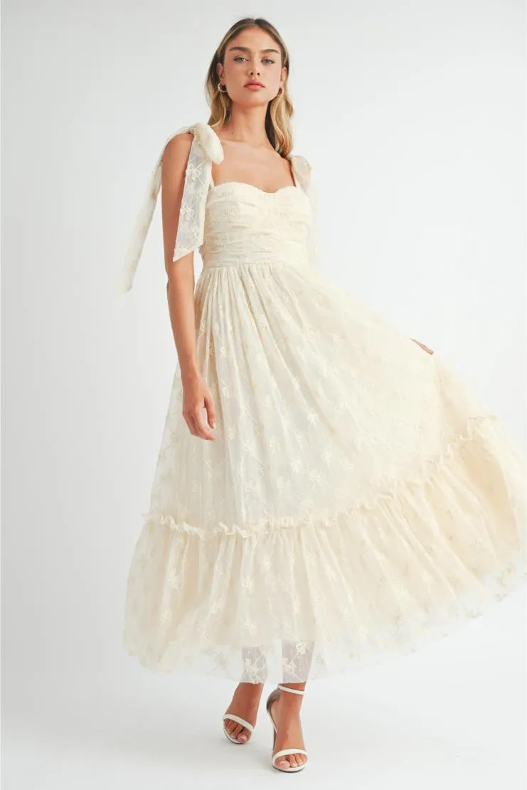 Pre-Order Exclusive: Chantel Bow Embroidered Ruched Shoulder Tie Midi Dress - Elegant & Chic Style