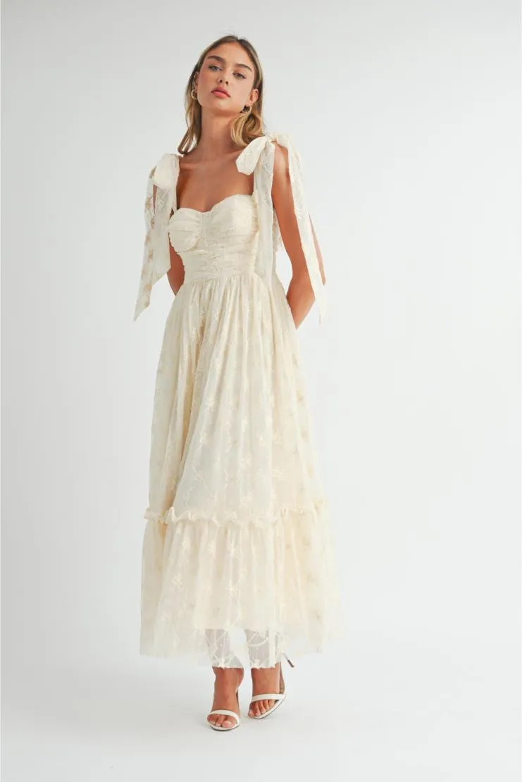 Pre-Order Exclusive: Chantel Bow Embroidered Ruched Shoulder Tie Midi Dress - Elegant & Chic Style