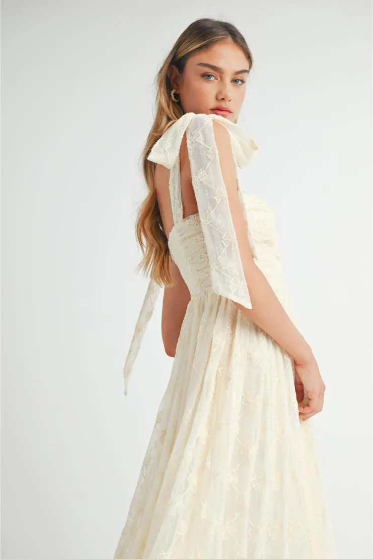 Pre-Order Exclusive: Chantel Bow Embroidered Ruched Shoulder Tie Midi Dress - Elegant & Chic Style