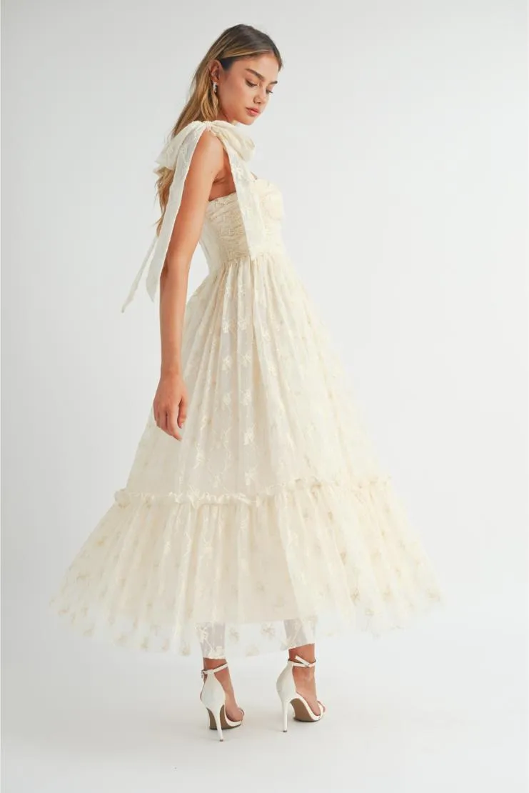 Pre-Order Exclusive: Chantel Bow Embroidered Ruched Shoulder Tie Midi Dress - Elegant & Chic Style