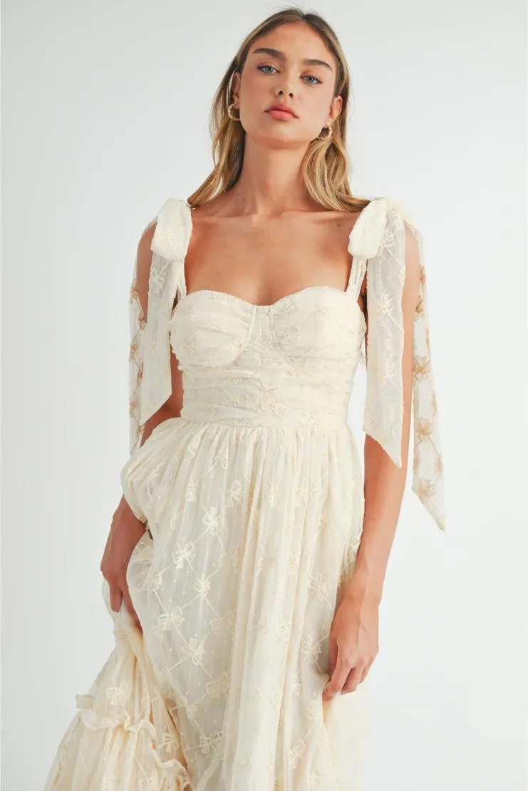 Pre-Order Exclusive: Chantel Bow Embroidered Ruched Shoulder Tie Midi Dress - Elegant & Chic Style