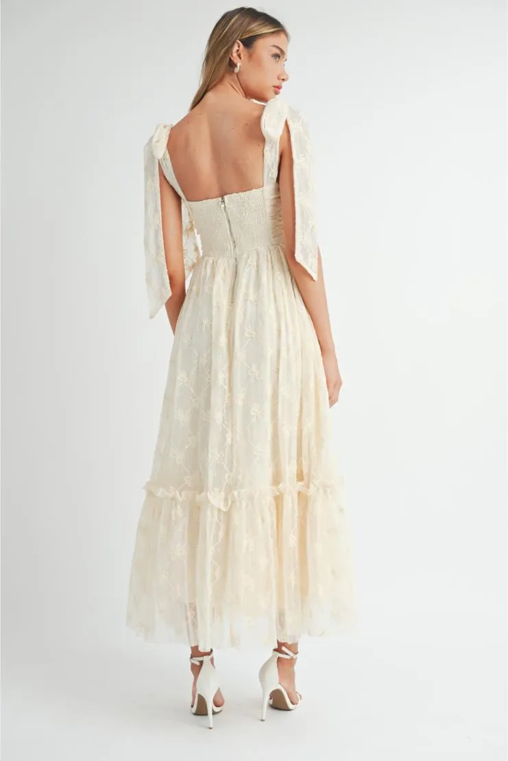 Pre-Order Exclusive: Chantel Bow Embroidered Ruched Shoulder Tie Midi Dress - Elegant & Chic Style